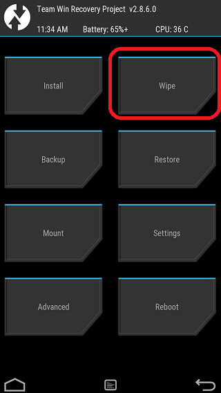 Select Wipe on the TWRP home screen