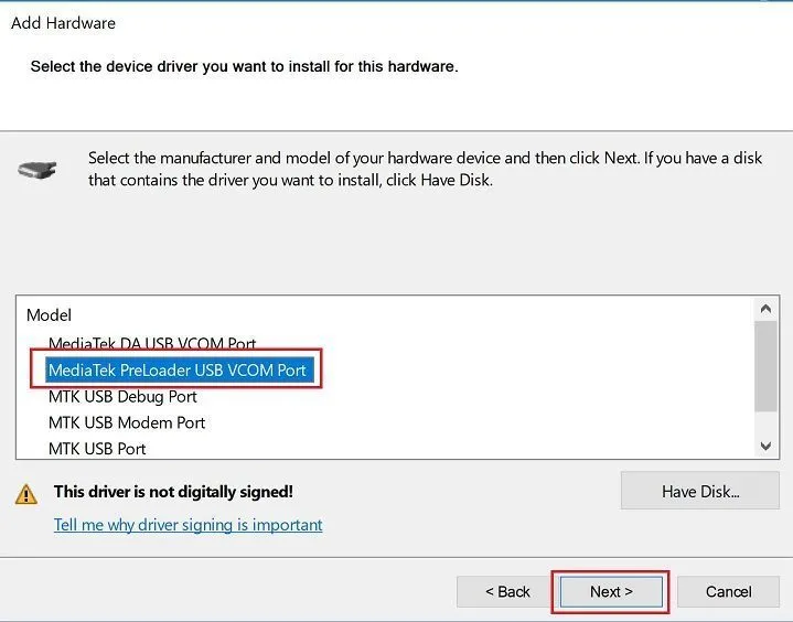 select mediatek preloader USB VCOM driver