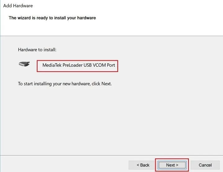 verify mediatek USB VCOM driver and click next