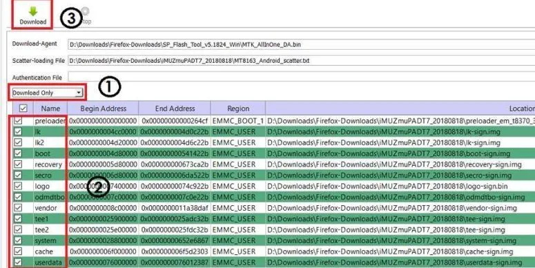verify details and select download on SP Flash Tool