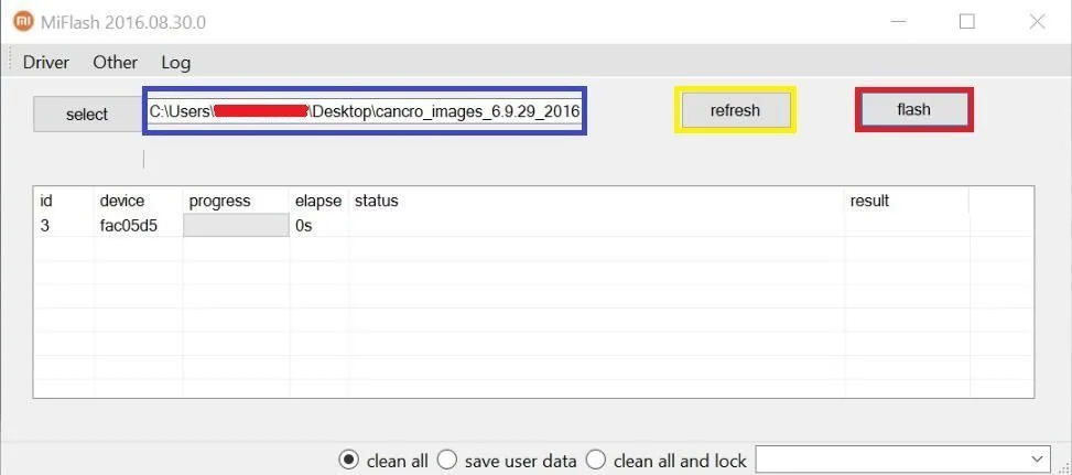 Select Refresh and then Flash on MiFlash Tool