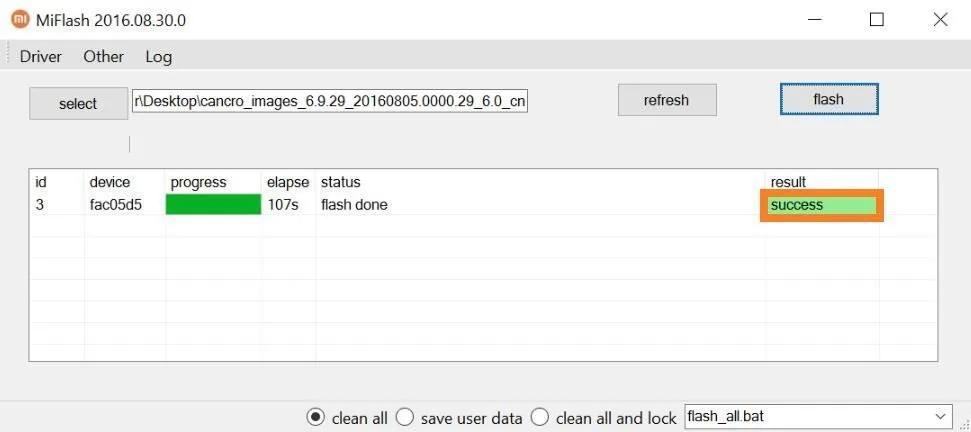 MIUI ROM Flashing Success on MiFlash Tool