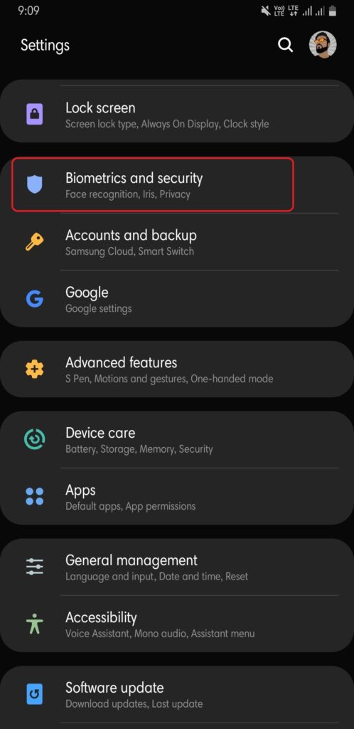 Biometrics and security option on Android
