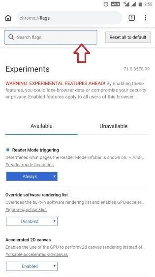 Chrome Flag search in Google Chrome
