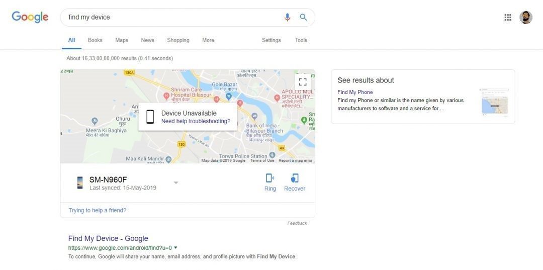 Google find my device on web page