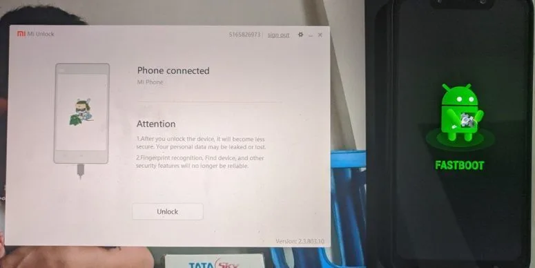 Redmi 9A connected in fastboot mode