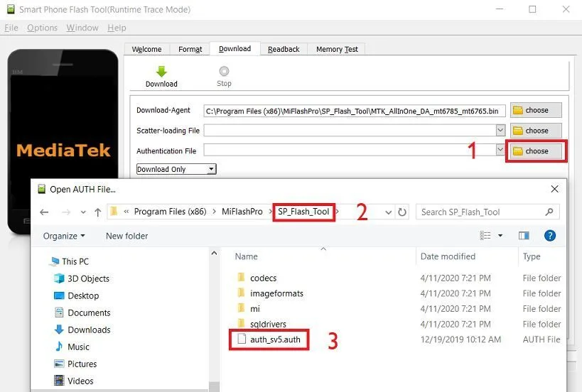 Select the Authentication file on SP Flash Tool