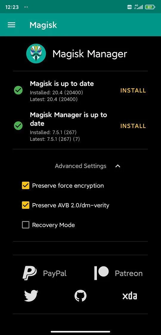 Magisk Manager rooting status