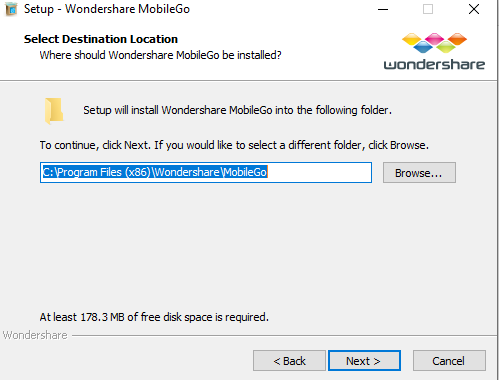 select destination folder to install PC Suite