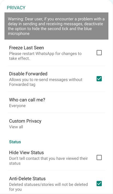 blue Whatsapp privacy settings