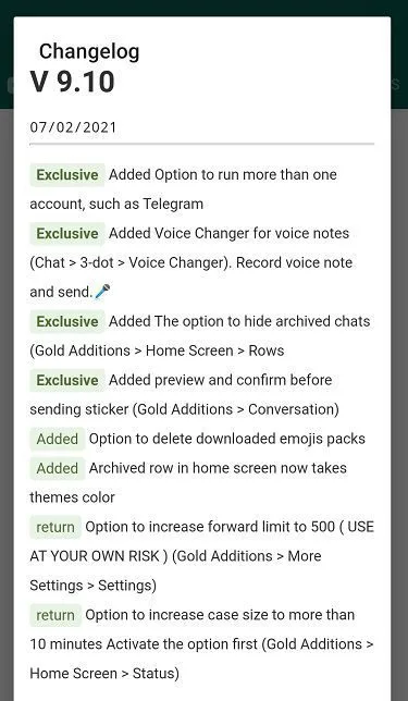 WhatsAPp Blue changelog v9.10