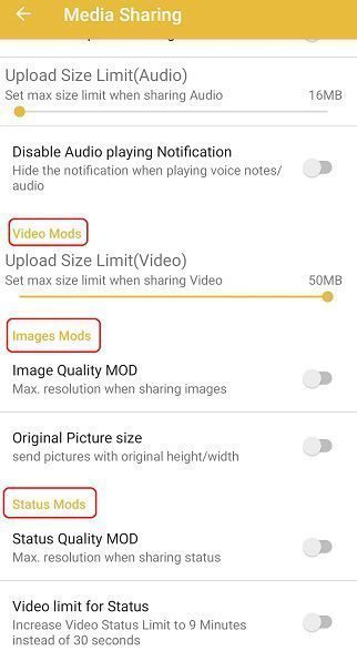 media mod settings on SAWhatsApp