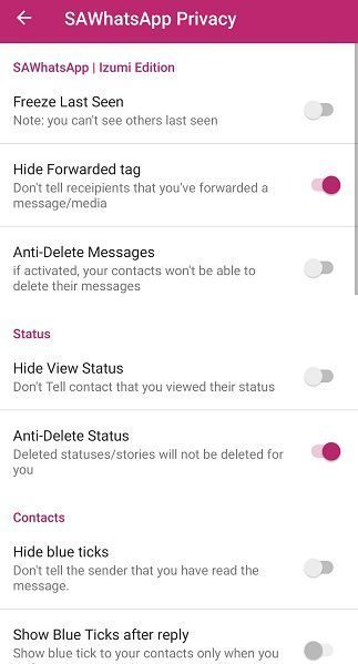 Privacy control on WhatsApp Pink