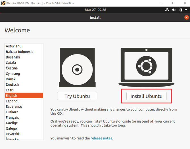 select language and install ubuntu