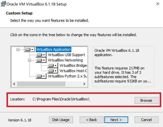 Slect  where to install VirtualBox