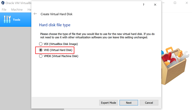 select virtual hard disk type