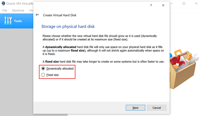 select fixed or dynamic virtual disk type