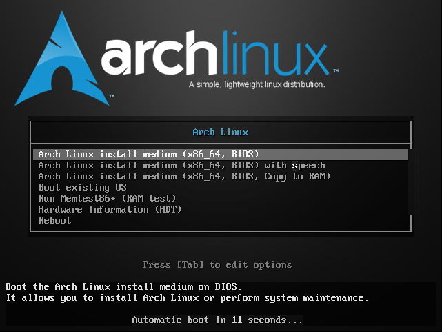 arch linux install menu