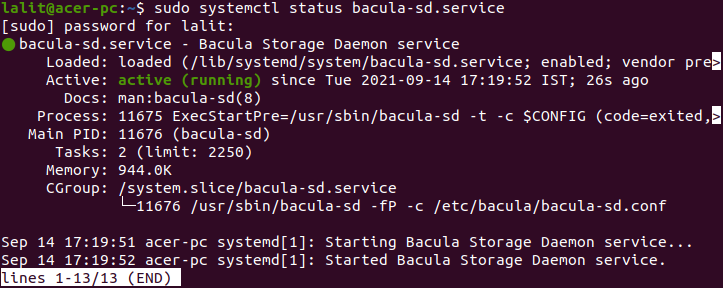 status bacula storage service