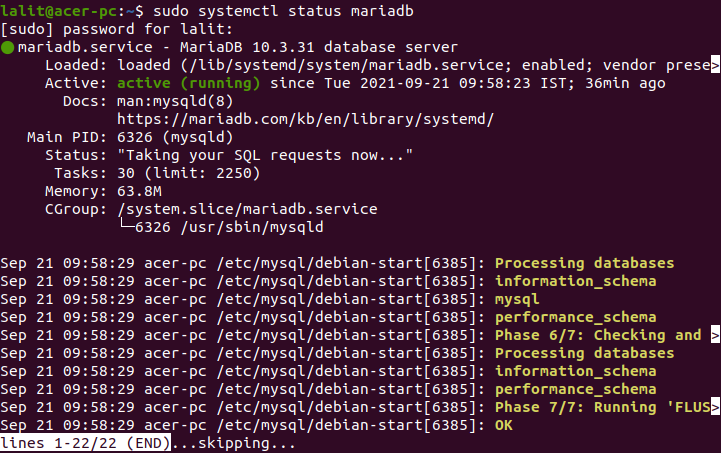 status maria db server