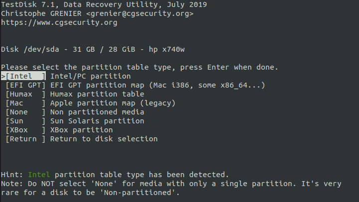 select partition type