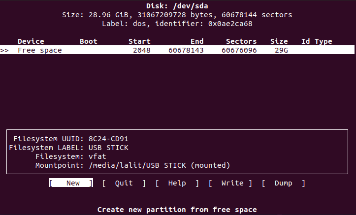 cfdisk new parition