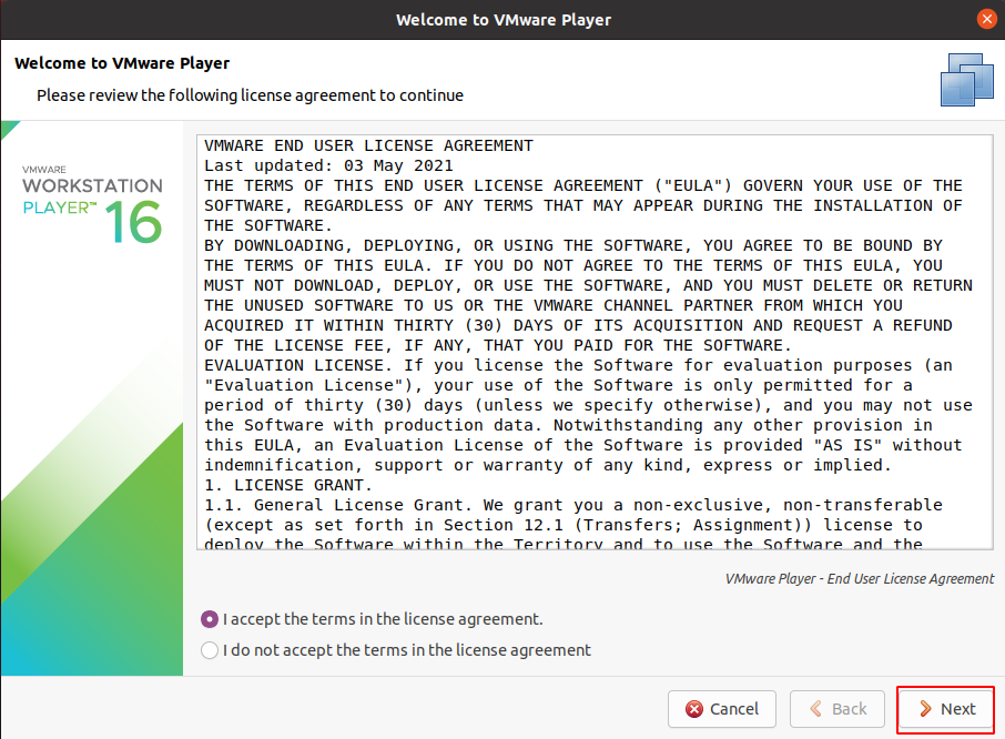 accept licence vmware