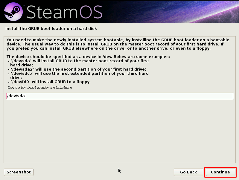 disk to install grub bootloader