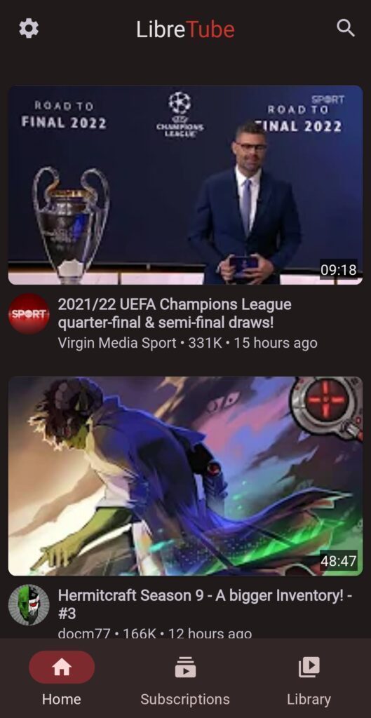 Home section of libretube