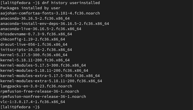 user installed packages fedora