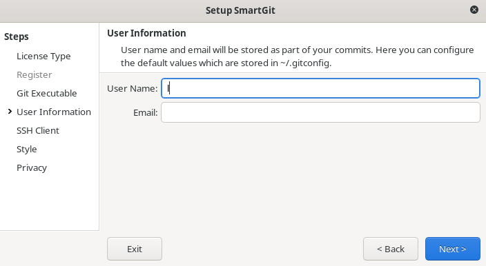 enter name and email smartgit