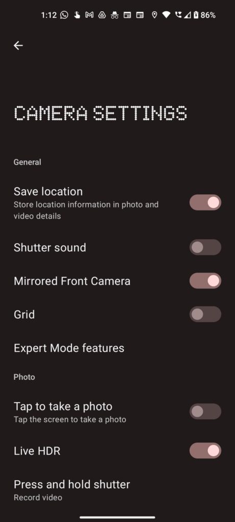 camera app settings on nothing phone